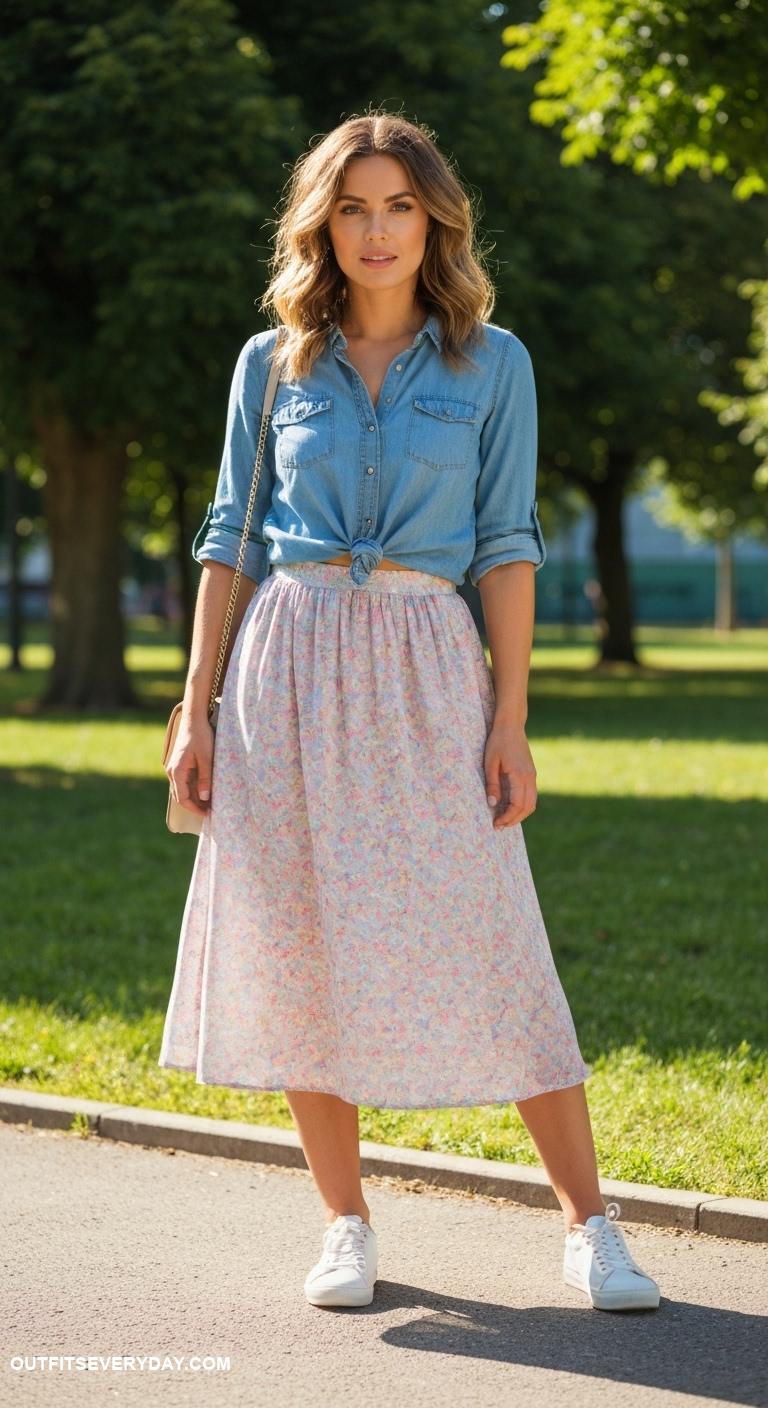 back to school outfits Midi skirt with denim shirt