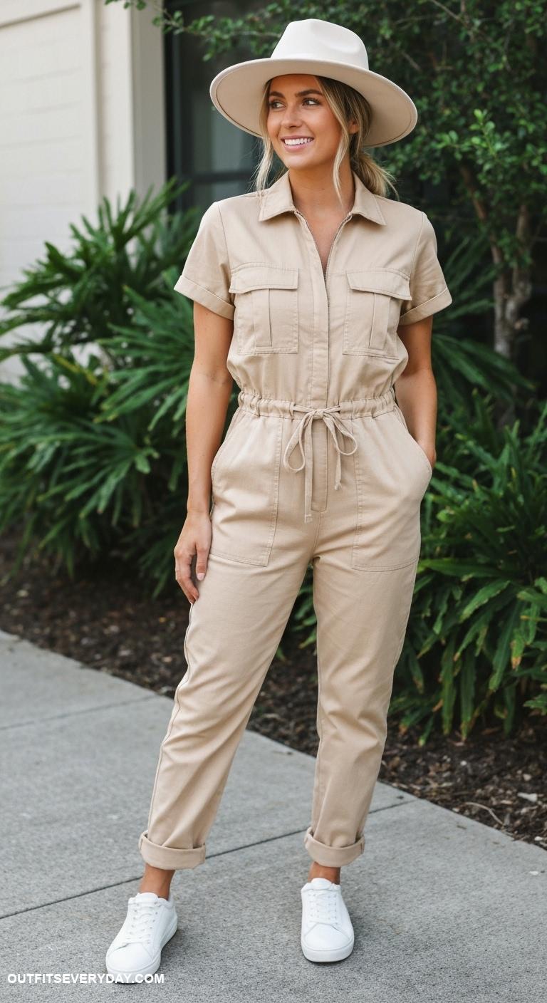 casual mom outfits Chic utility jumpsuit accessorized with a wide brim hat