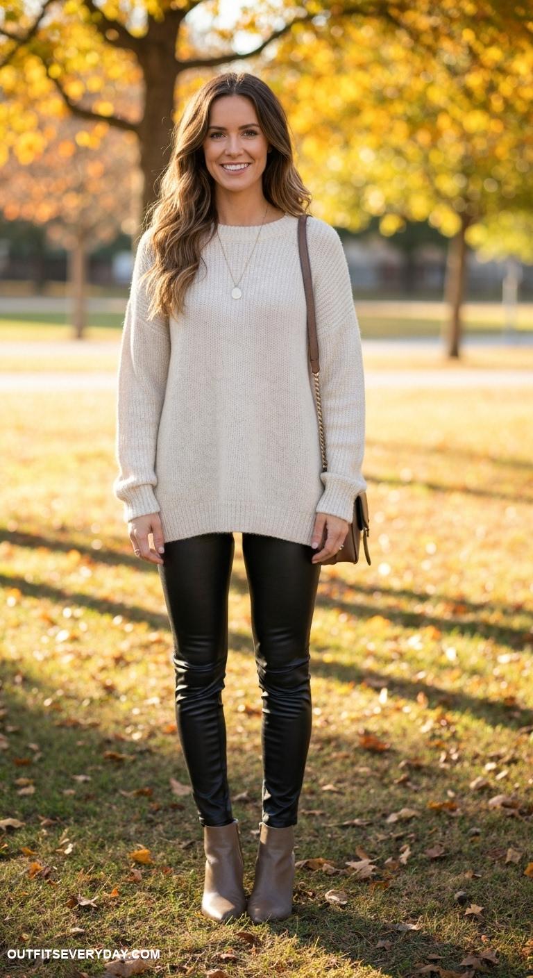 casual mom outfits Cozy oversized sweater paired with faux leather leggings and ankle boots