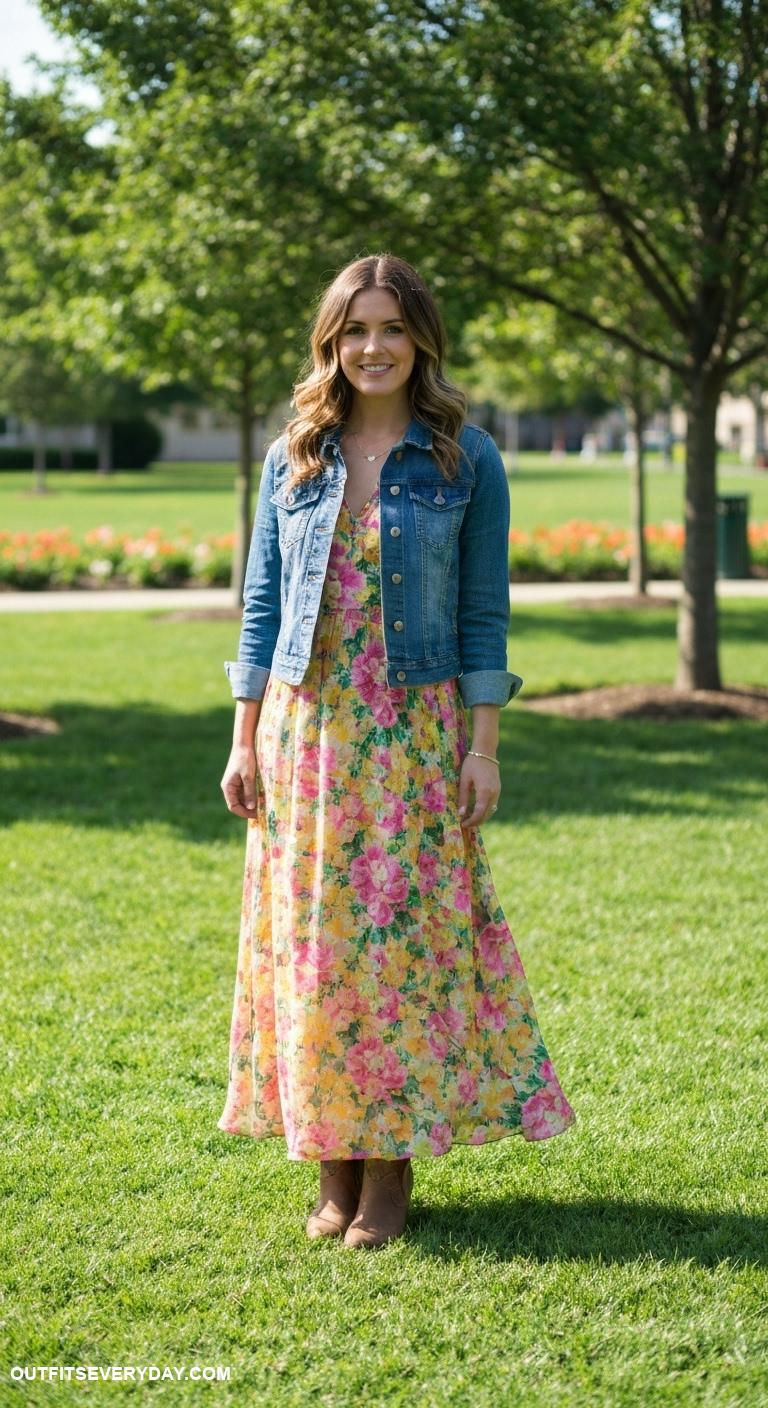casual mom outfits Denim jacket over a floral maxi dress with ankle boots