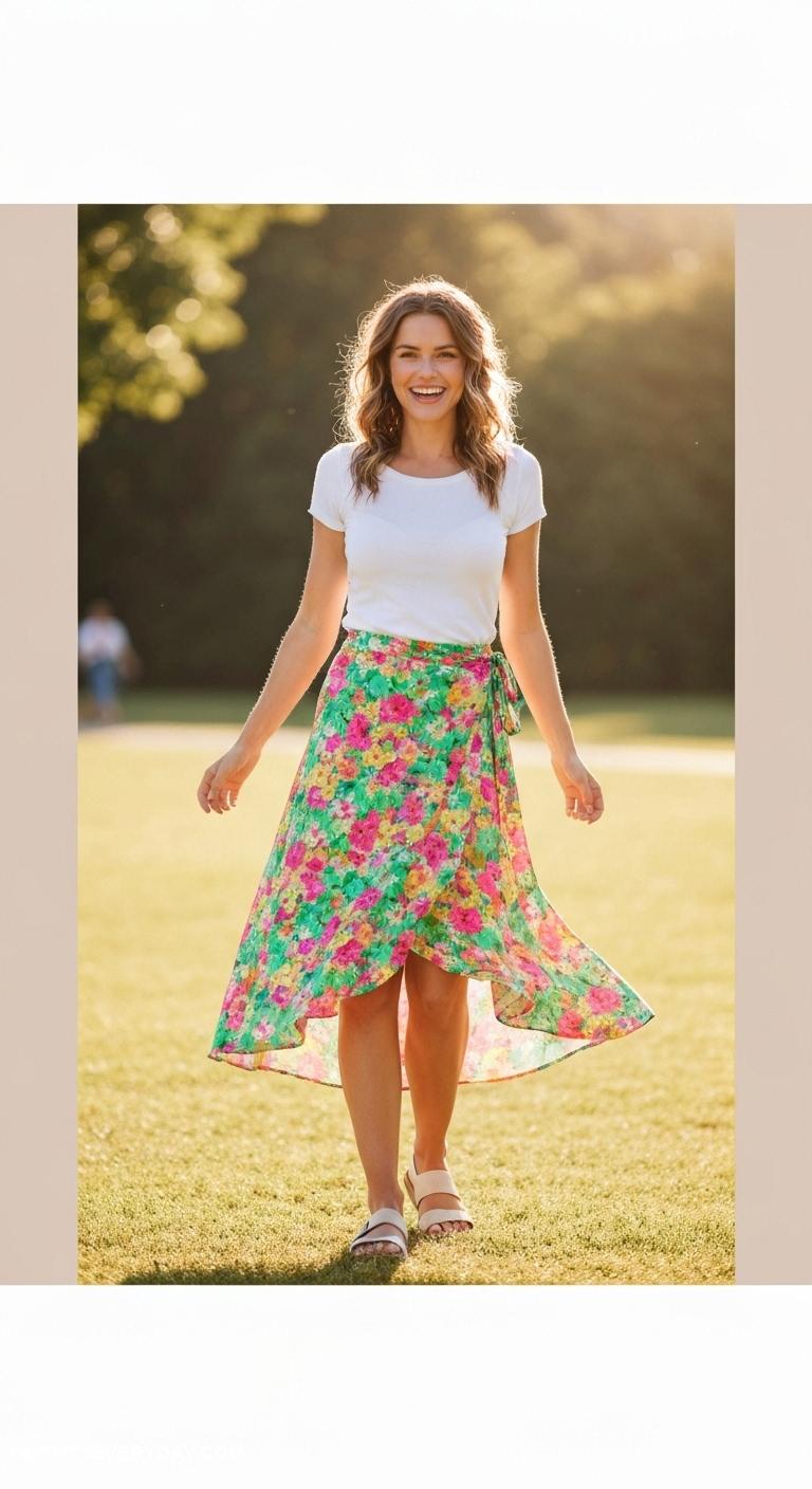 casual mom outfits Floral wrap skirt with a plain tee and cute sandals