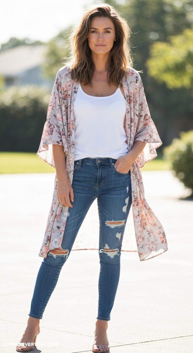 casual mom outfits Lightweight kimono over a simple tank and distressed skinny jeans