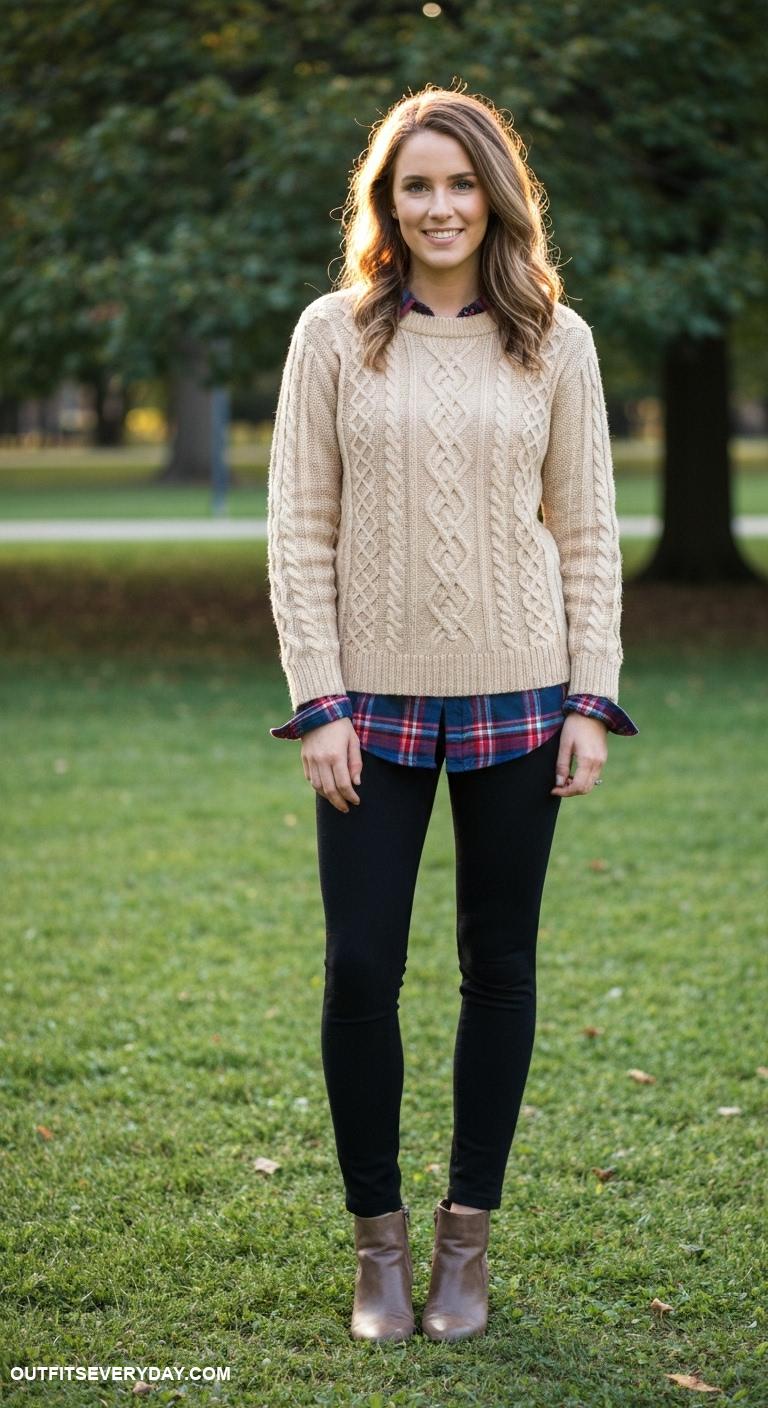 casual outfits for women Cable knit sweater over a plaid shirt with leggings and ankle boots