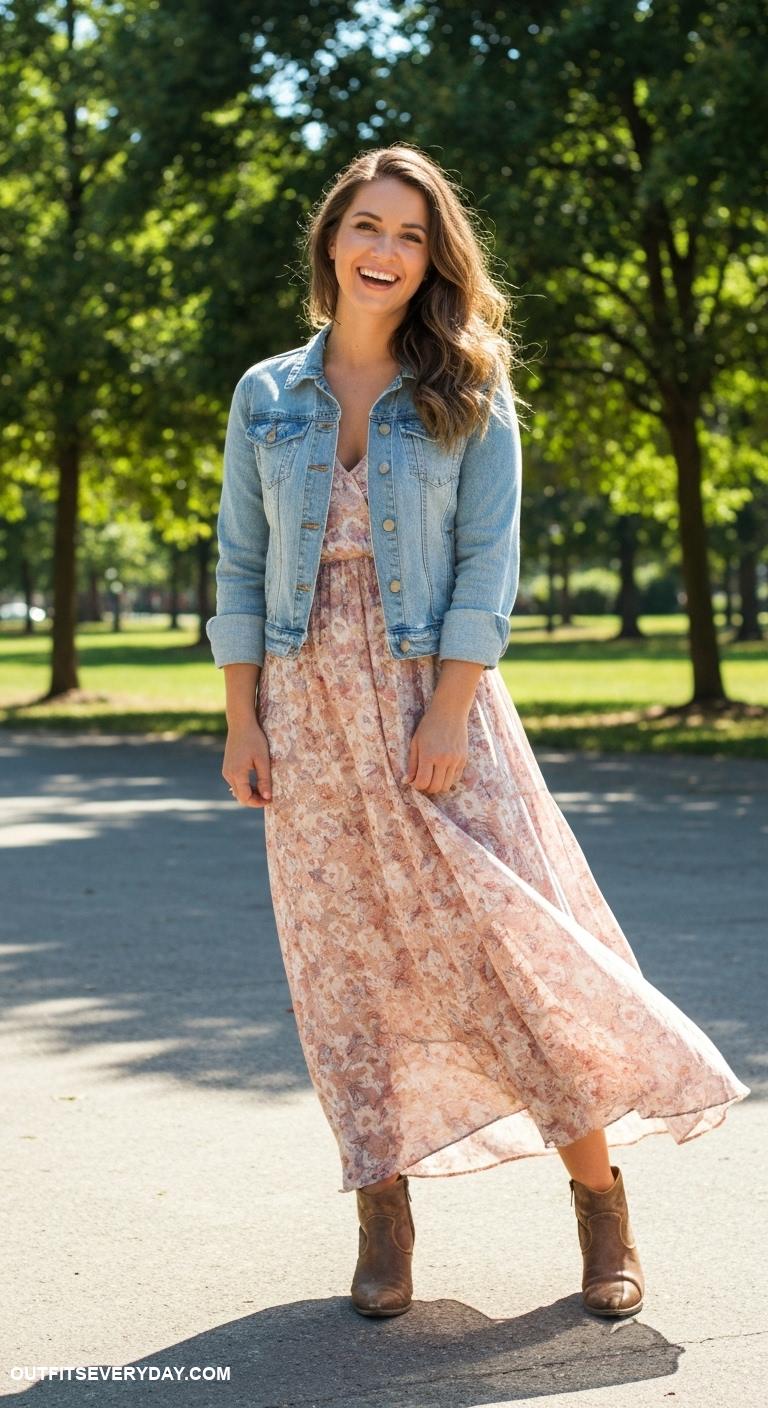 casual outfits for women Flowy maxi dress paired with denim jacket and ankle boots