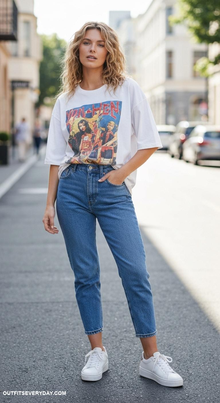 casual outfits for women Oversized graphic tee with high waisted mom jeans and white sneakers
