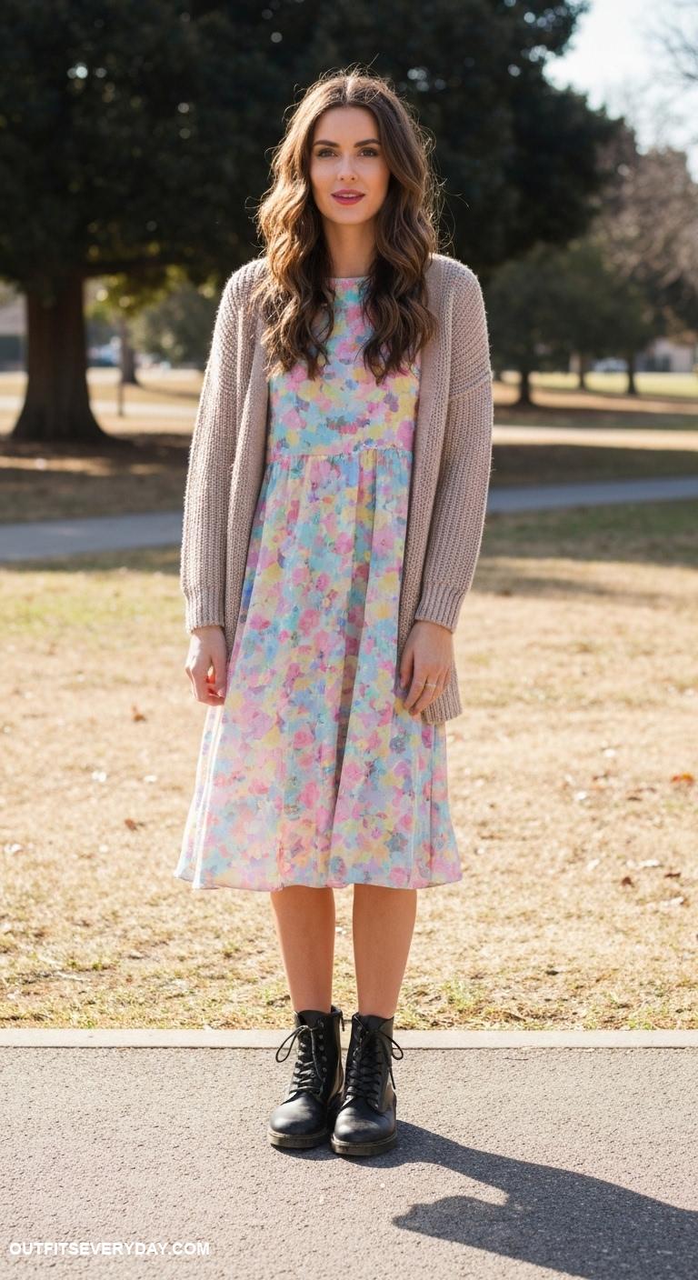 casual outfits for women Soft knit cardigan layered over a floral dress and combat boots