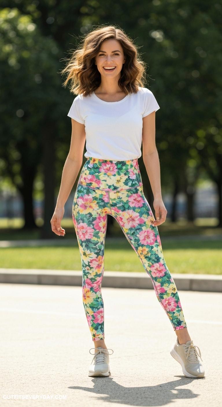 cute workout outfits Floral print leggings with white tee