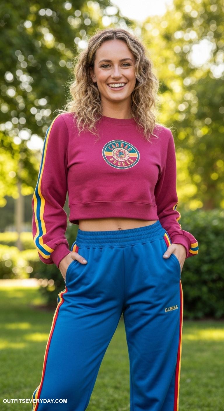 cute workout outfits Retro inspired track pants and sweatshirt