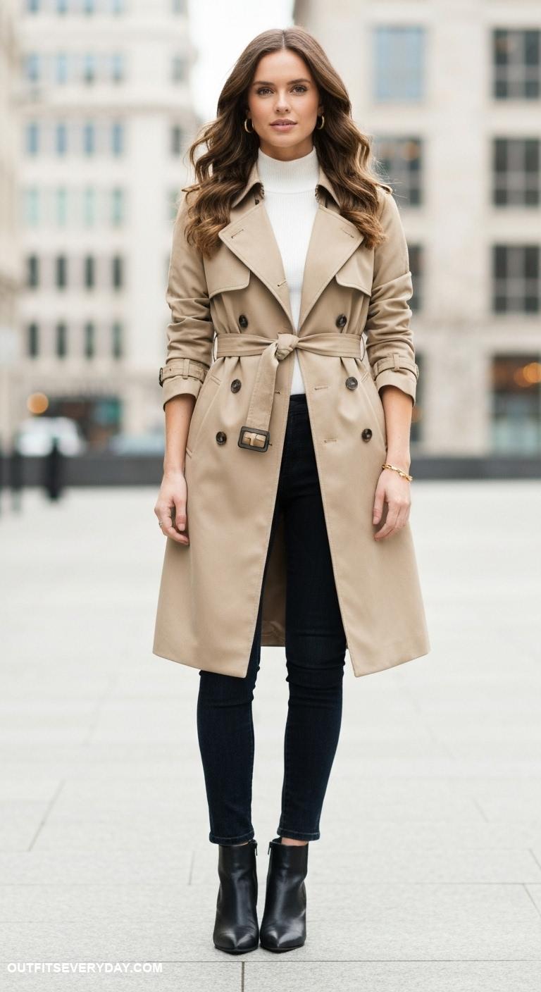 dress to impress outfits Classic trench coat over skinny jeans