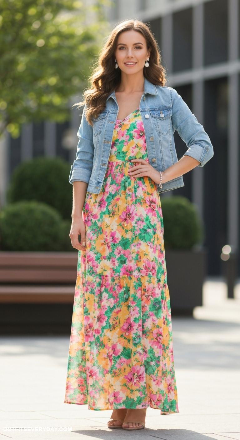 dress to impress outfits Maxi dress with denim jacket