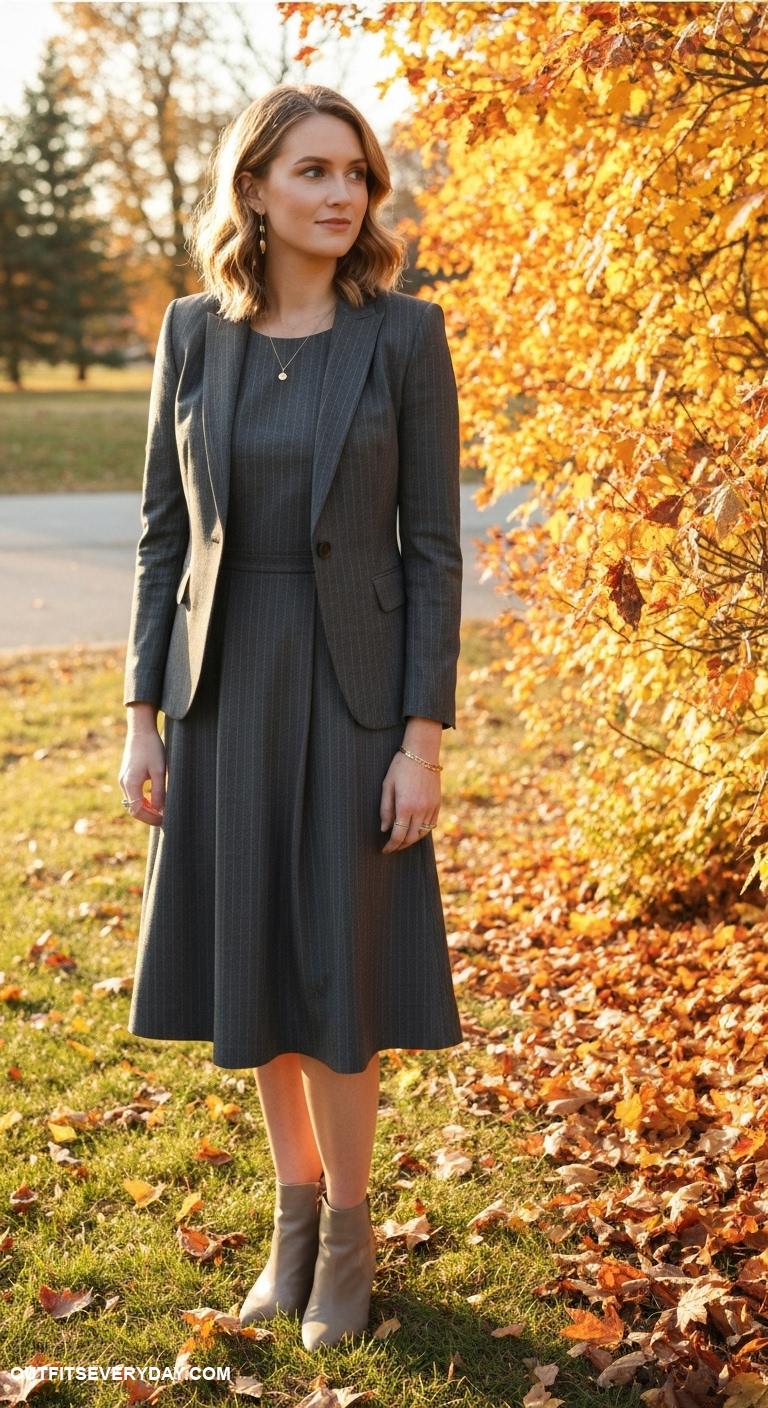 fall wedding guest dress ideas Charcoal grey pinstriped dress with a tailored blazer