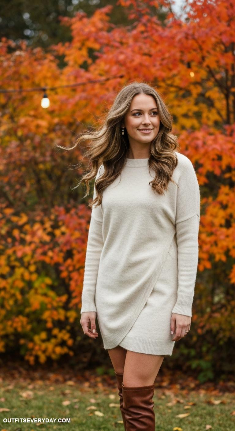 fall wedding guest dress ideas Cream colored sweater dress paired with knee high boots