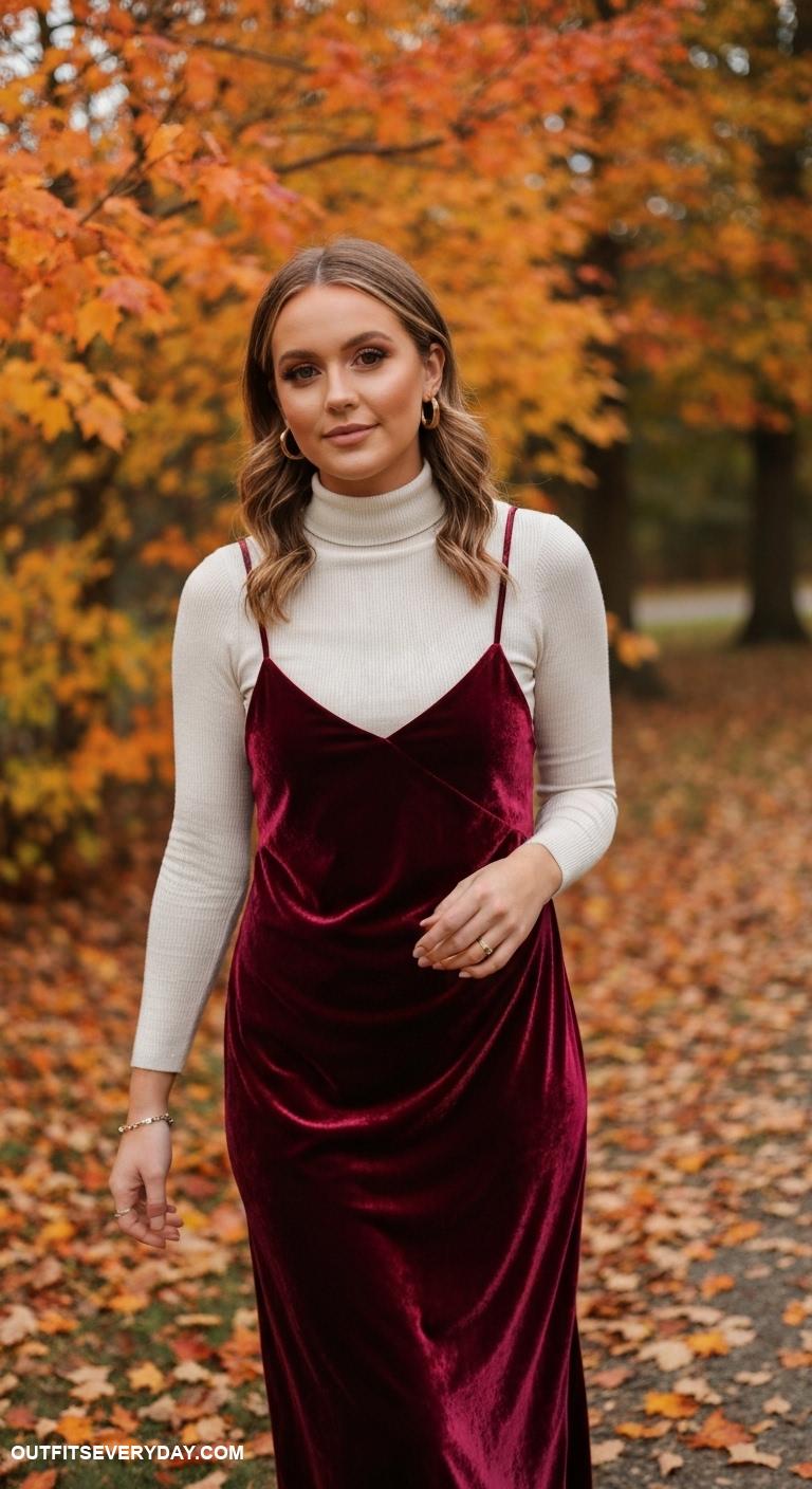 fall wedding guest dress ideas Deep burgundy velvet slip dress layered over a turtleneck