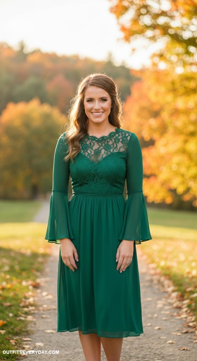 fall wedding guest dress ideas Emerald green midi dress with lace details and bell sleeves
