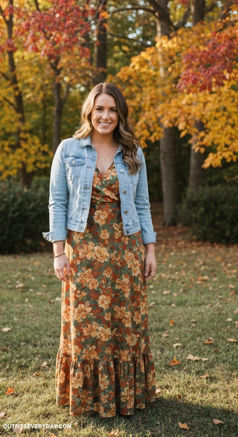fall wedding guest dress ideas Floral maxi dress with earthy tones and a denim jacket