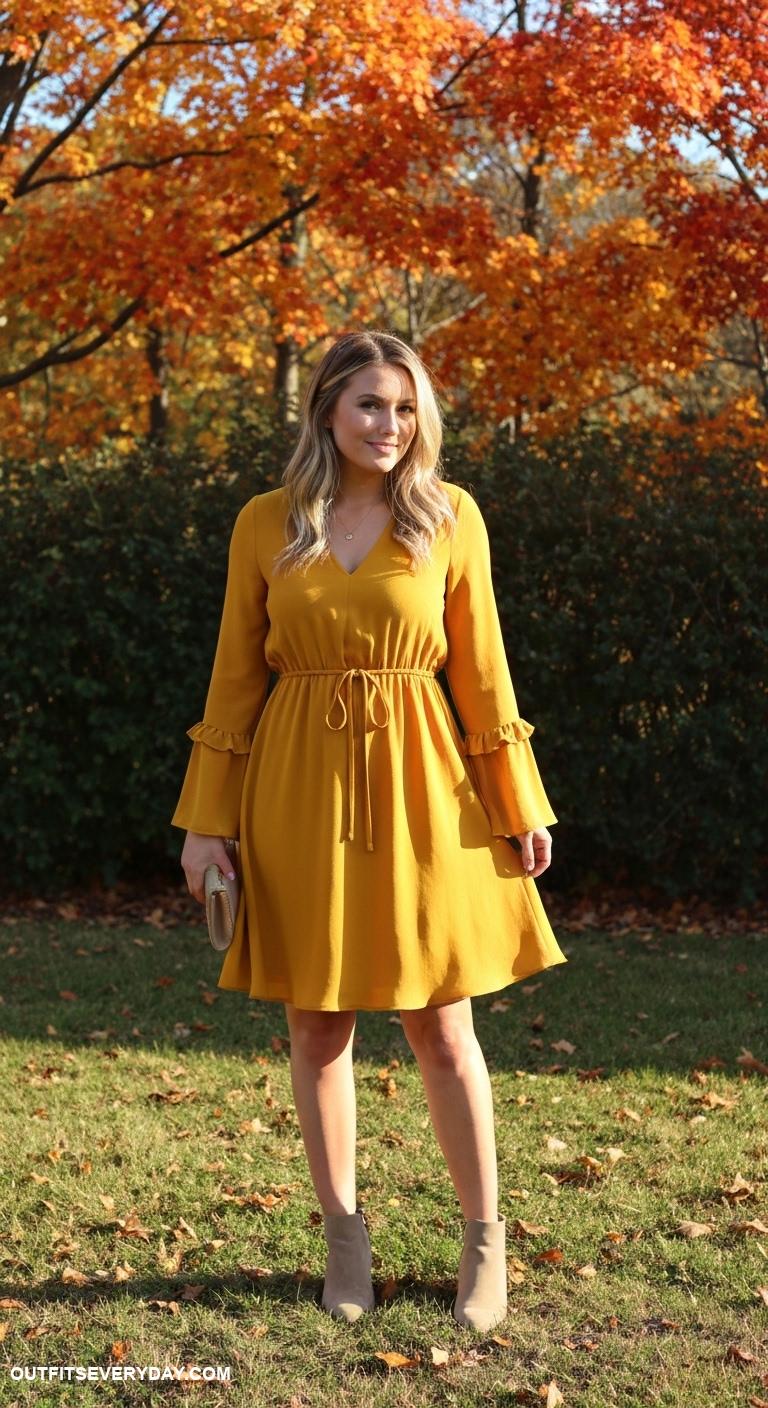 fall wedding guest dress ideas Mustard yellow A line dress with a cinched waist and ankle boots