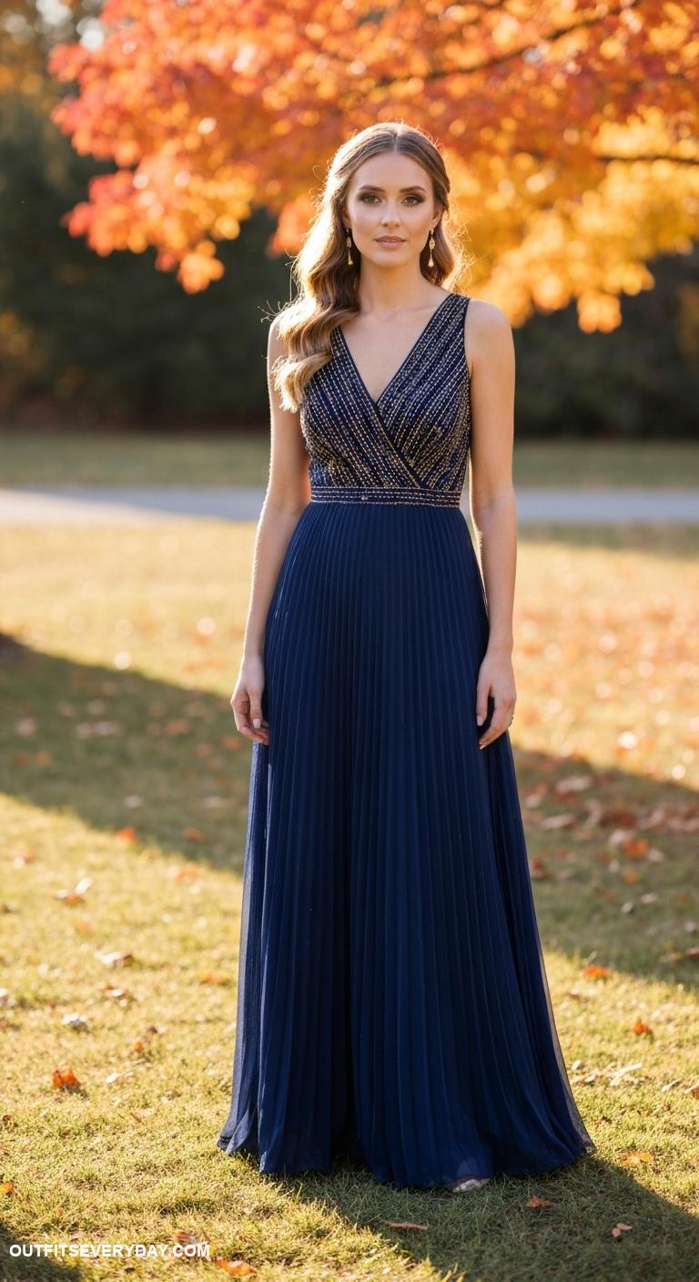fall wedding guest dress ideas Navy blue pleated maxi dress adorned with gold embellishments
