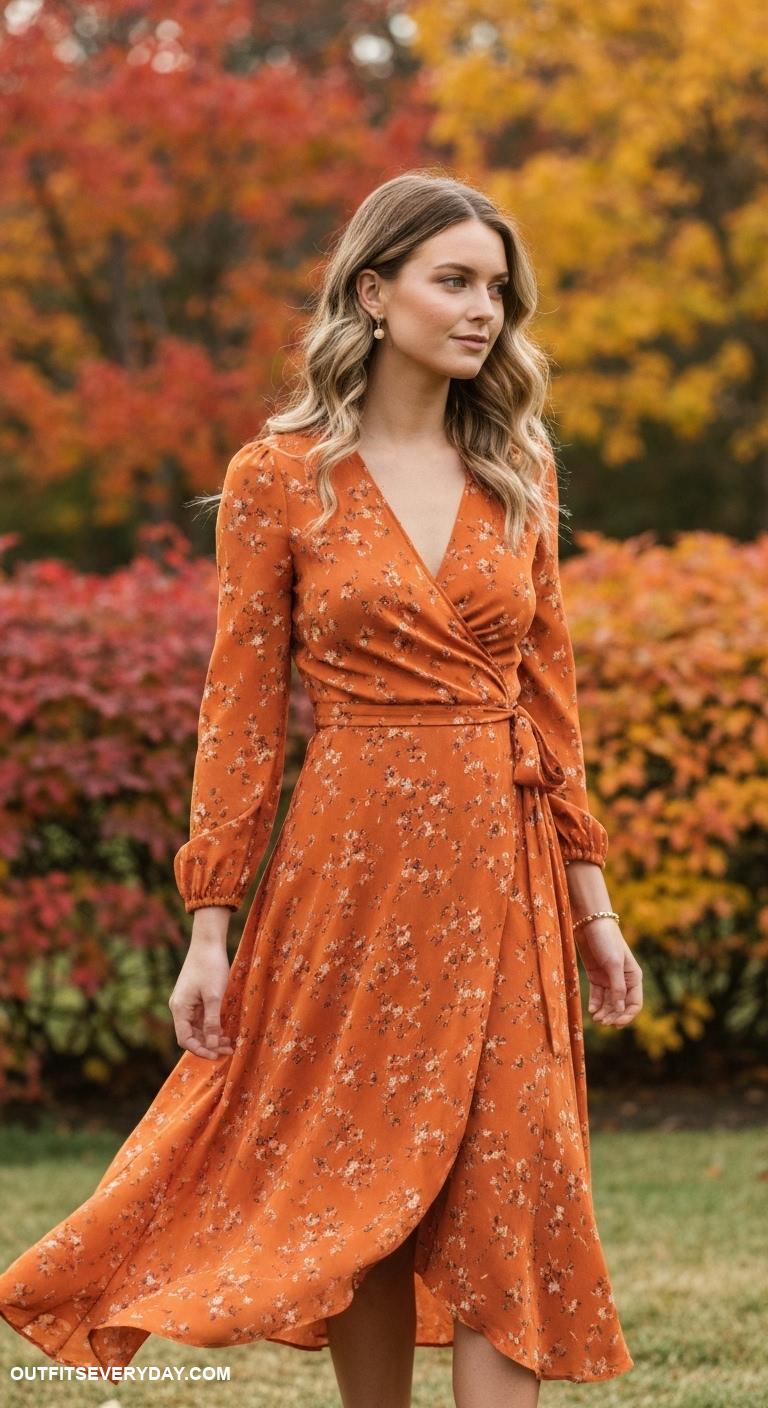 fall wedding guest dress ideas Rust orange wrap dress with long sleeves and floral print