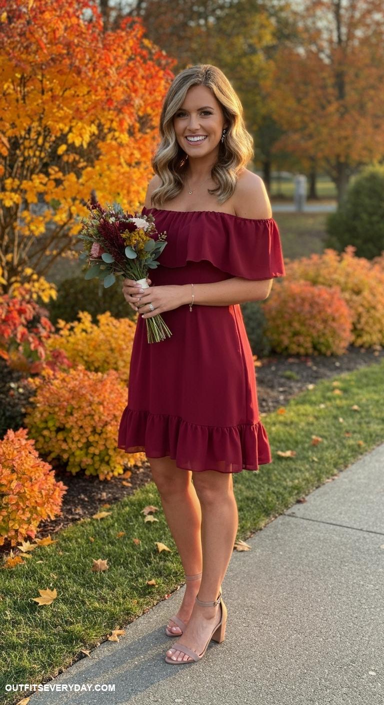 fall wedding guest dress ideas Wine red off shoulder dress with ruffle hem and ankle strap heels