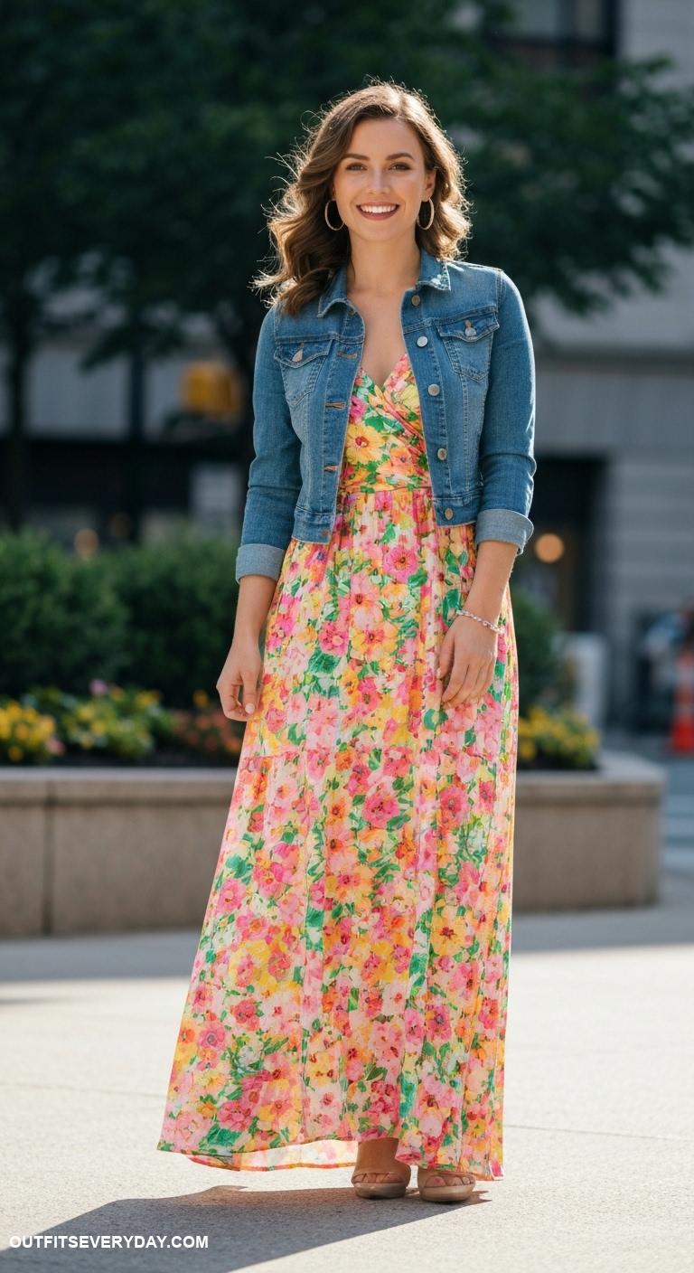 going out outfits Floral maxi dress with denim jacket