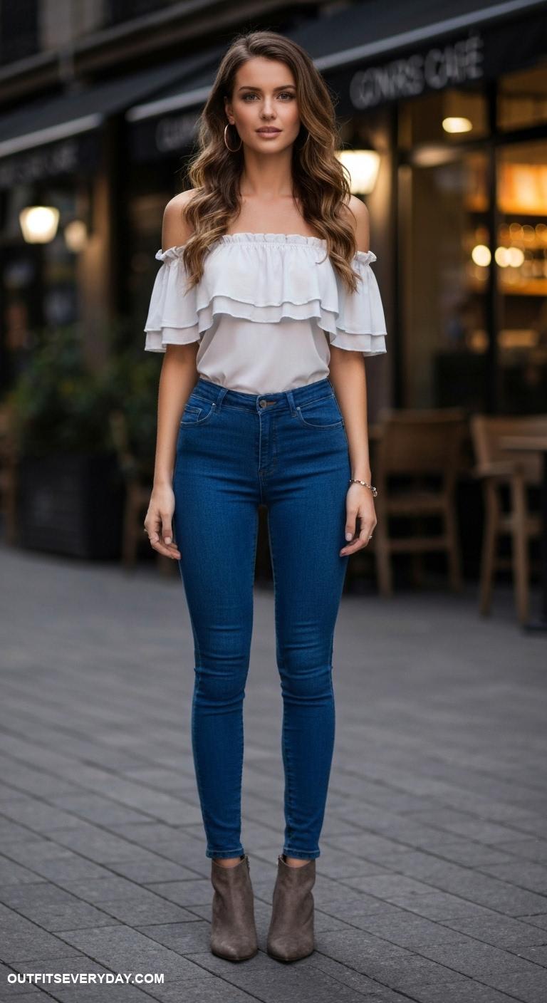 going out outfits Off the shoulder top with skinny jeans