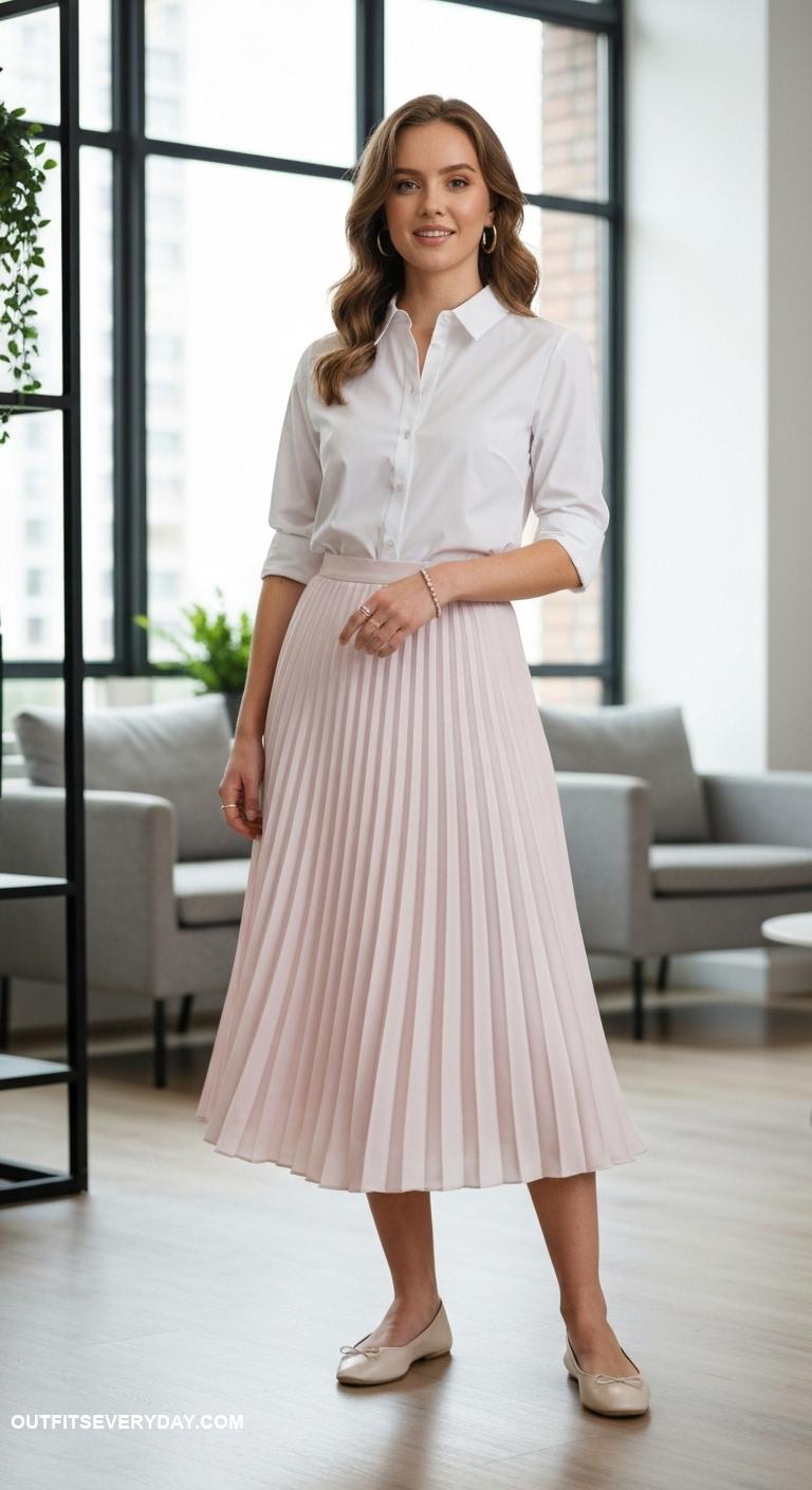 stylish work outfits Classic white shirt with pleated skirt