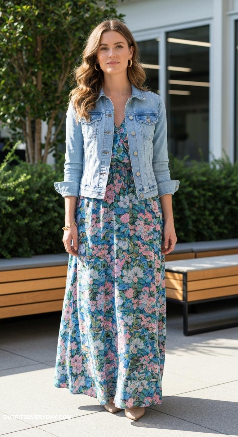 stylish work outfits Maxi dress with denim jacket
