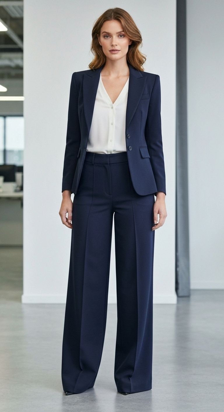 stylish work outfits Navy blazer with wide leg trousers