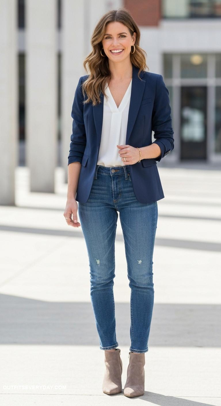stylish work outfits Smart casual blazer with jeans