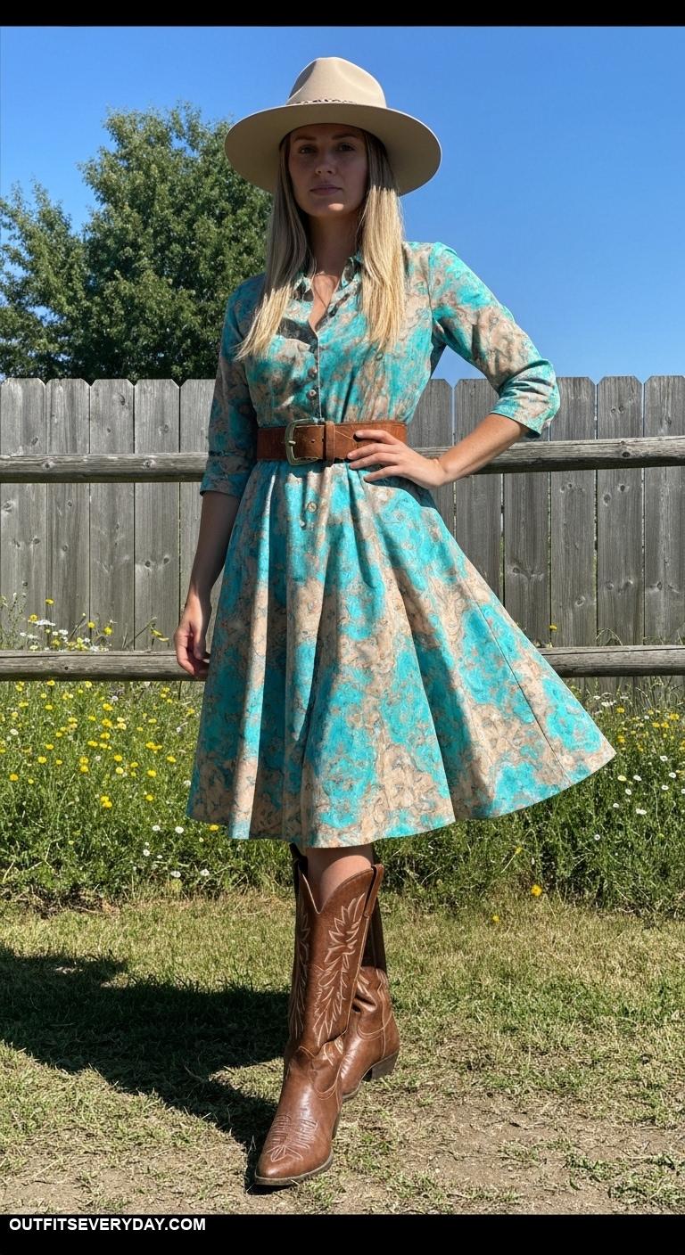 western outfits women A line Western dress with cowboy boots and a wide brim hat