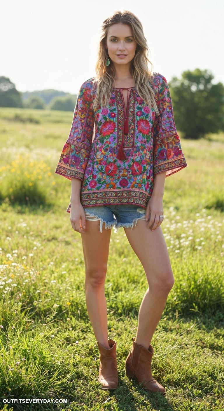 western outfits women Bohemian style embroidered tunic with denim cutoffs and ankle boots