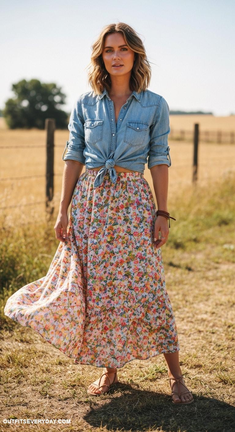 western outfits women Chambray shirt knotted at the waist with a floral maxi skirt