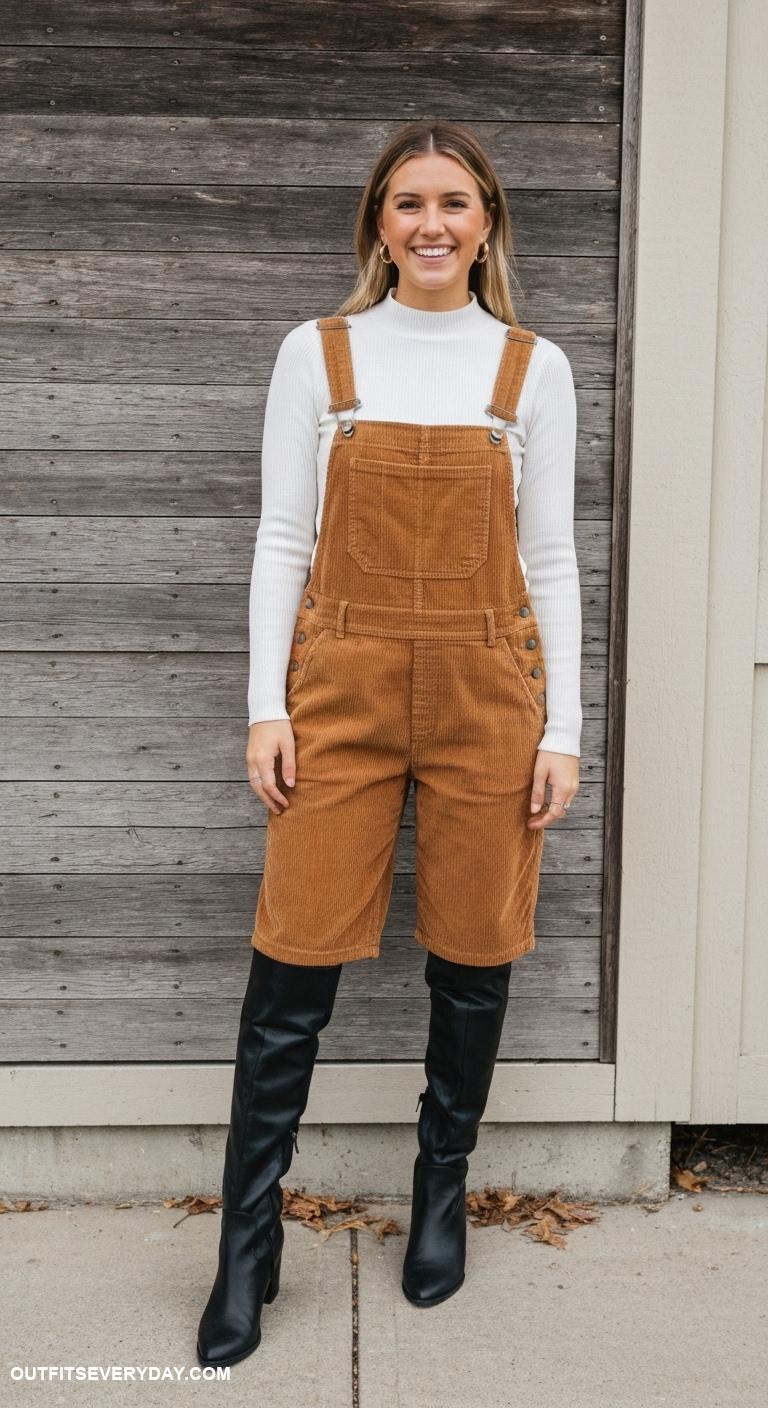 western outfits women Corduroy overalls worn over a fitted turtleneck and knee high boots