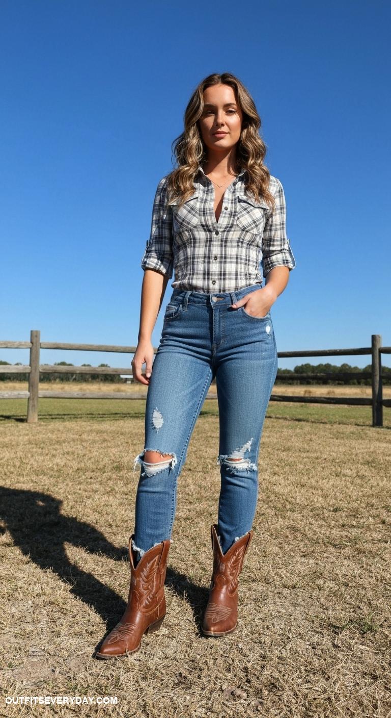western outfits women Cowboy boots and distressed jeans