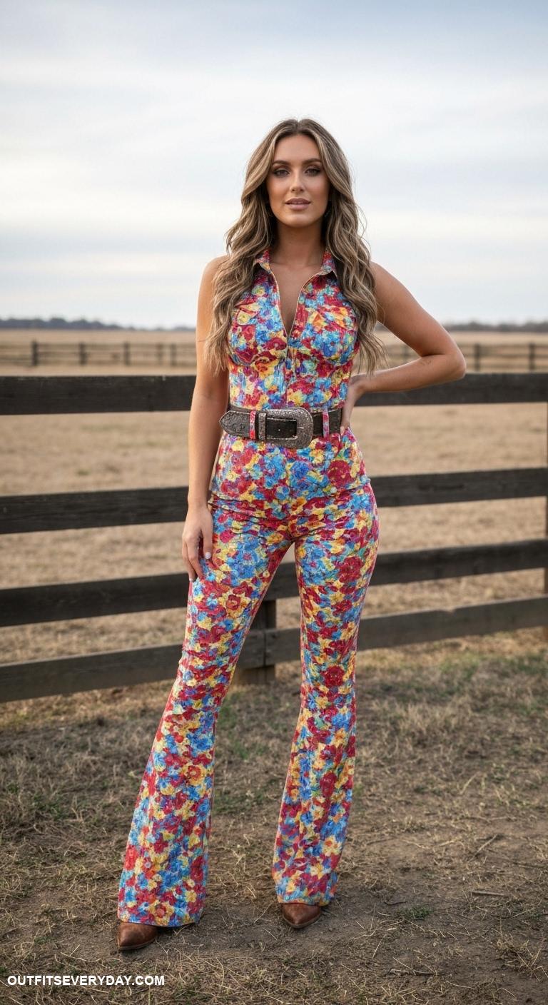 western outfits women Cowgirl inspired jumpsuit with vibrant print and chunky belt