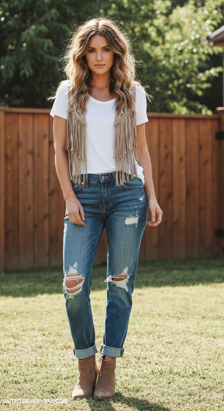 western outfits women Fringe vest over white tee