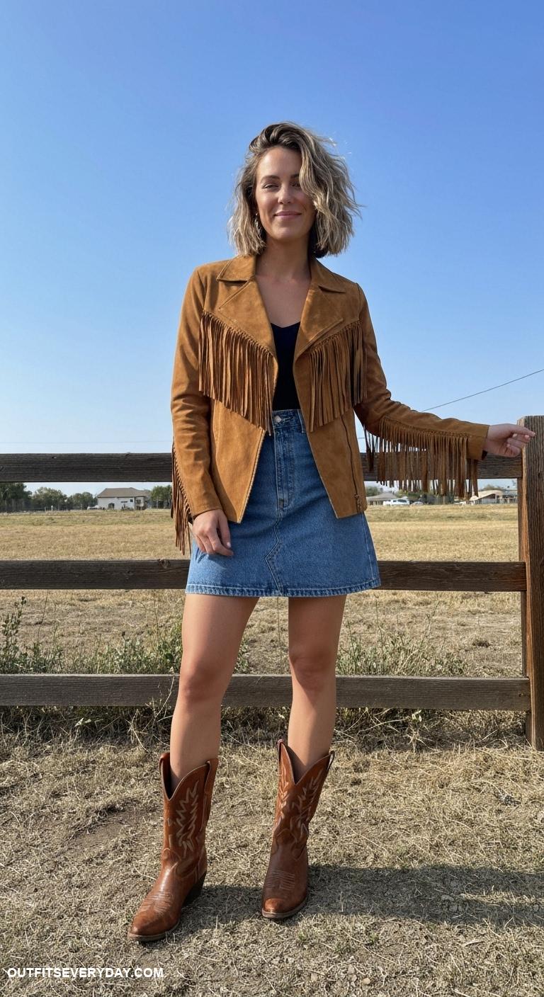 western outfits women Fringed suede jacket paired with high waisted denim skirts