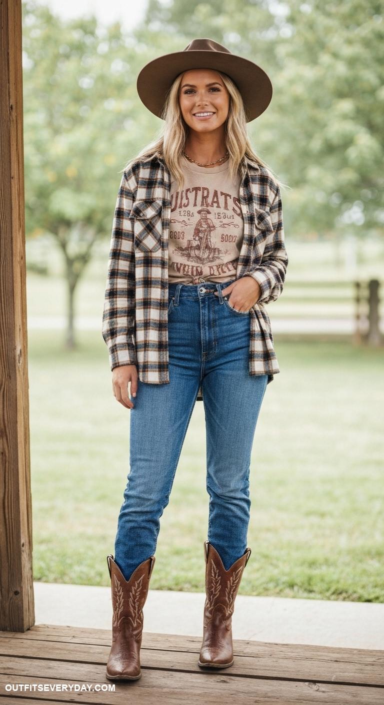 western outfits women Plaid flannel shirt layered over a graphic tee
