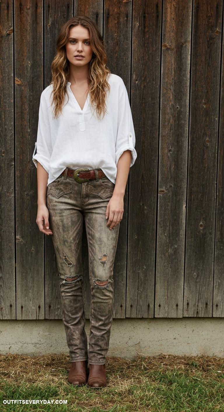 western outfits women White linen blouse tucked into distressed leather pants