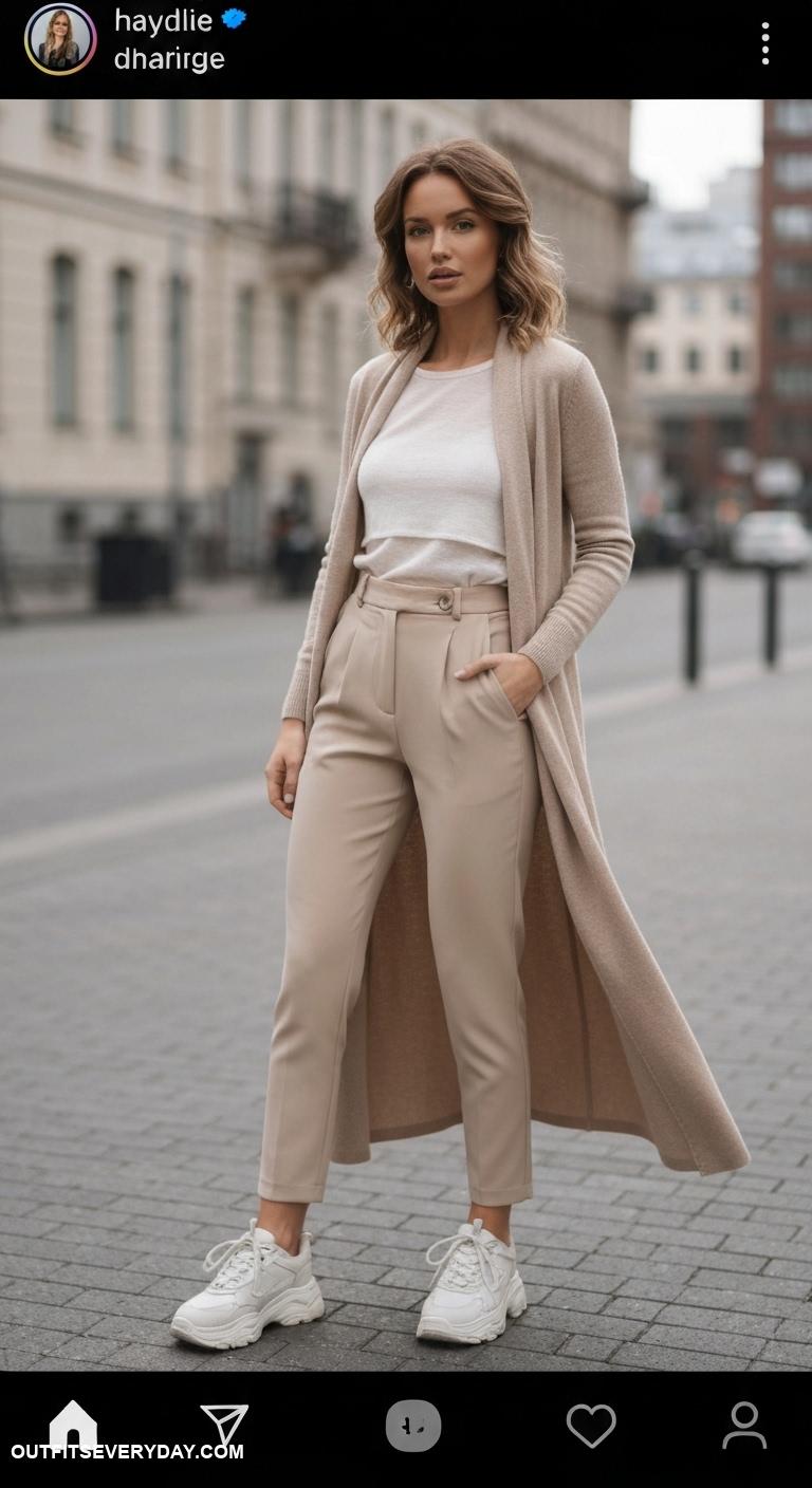 beige pants outfit Layer under a long cardigan and wear with chunky sneakers