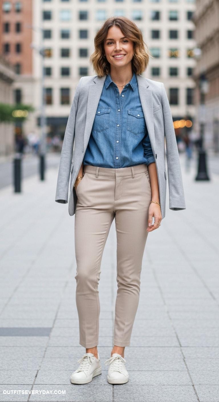 beige pants outfit Style with a simple chambray shirt and tailored blazer