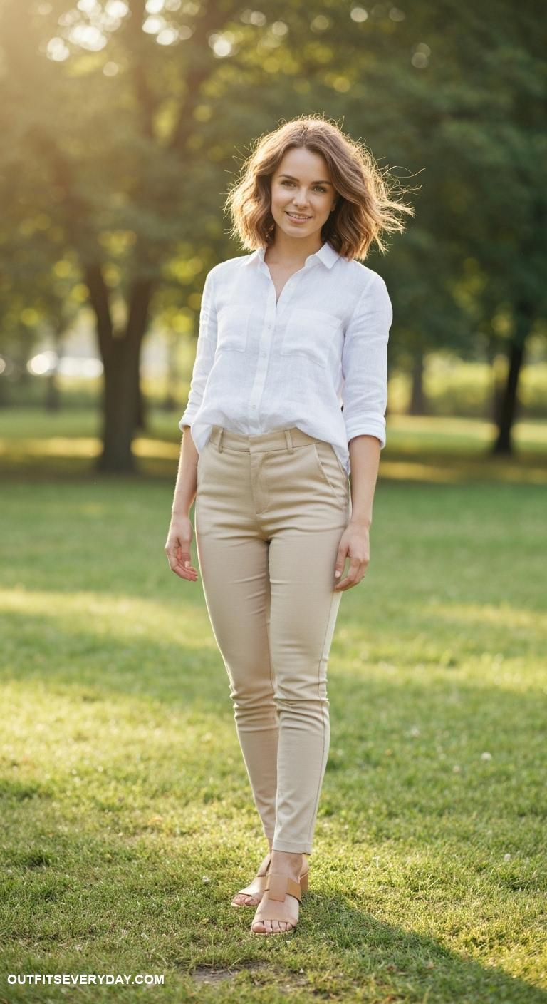 beige pants outfit Wear with a white linen shirt and tan sandals for summer