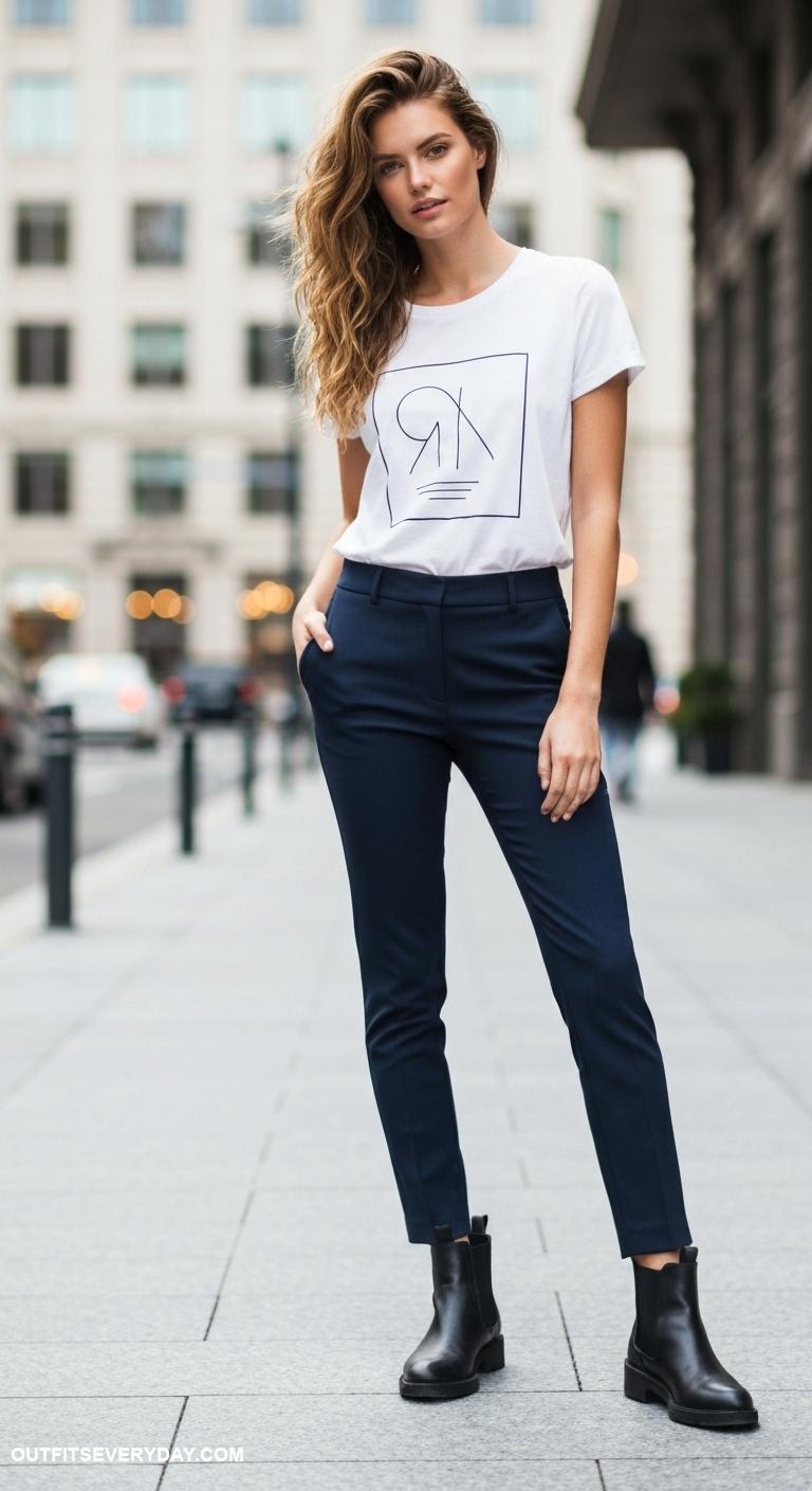black boots outfit Chelsea boots with tailored trousers and a graphic tee