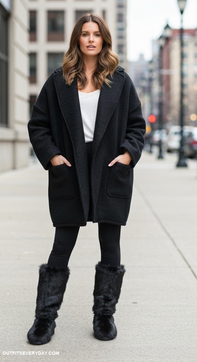 black boots outfit Faux fur black boots styled with an oversized coat and leggings