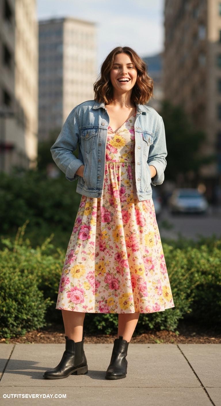 black boots outfit Leather black boots with a floral midi dress and denim jacket