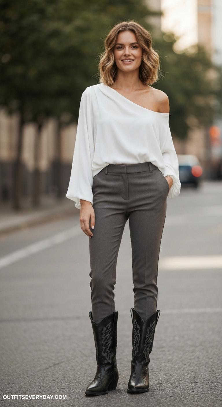 black cowboy boots outfit Combine with a flowy white blouse and tailored trousers for a sophisticated touch
