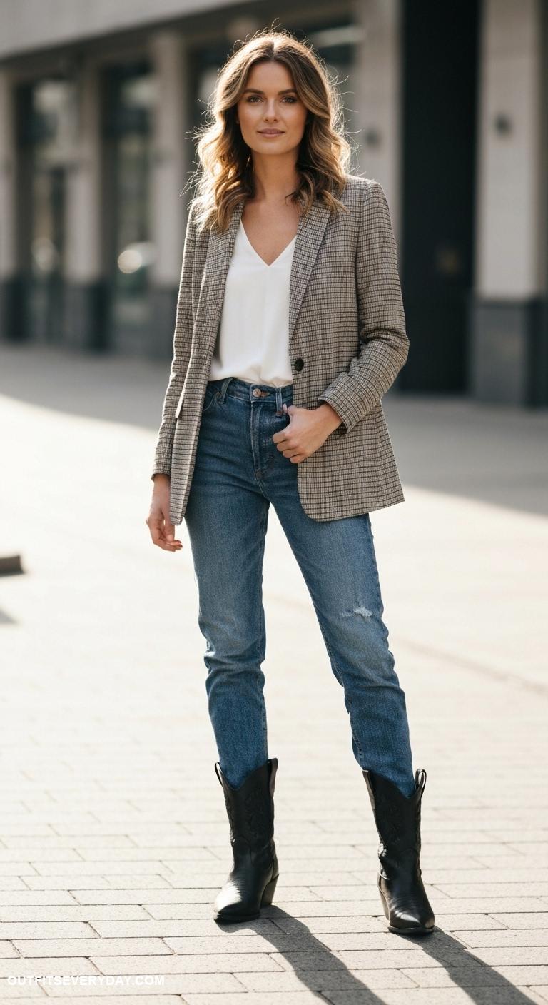 black cowboy boots outfit Integrate with a plaid blazer and straight leg jeans for a smart casual look