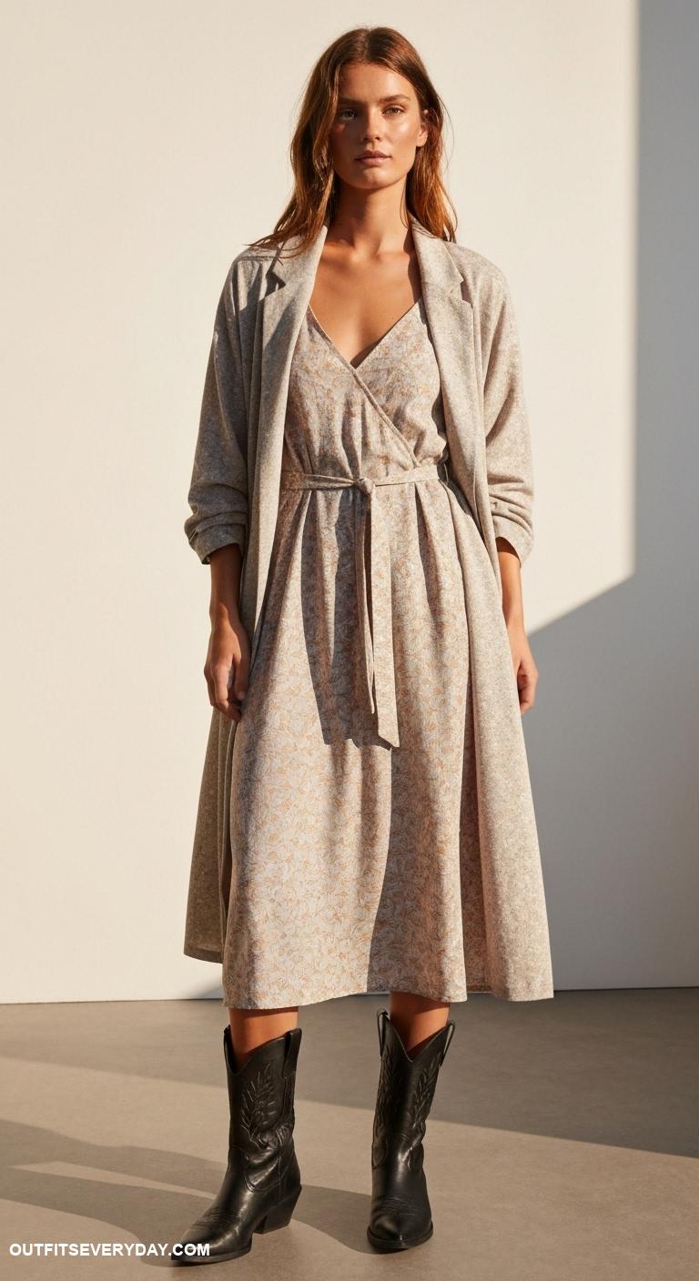black cowboy boots outfit Layer over a midi dress with a belt to define your waistline