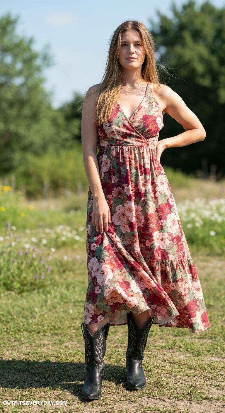 black cowboy boots outfit Match black cowboy boots with a floral maxi dress for a bohemian look