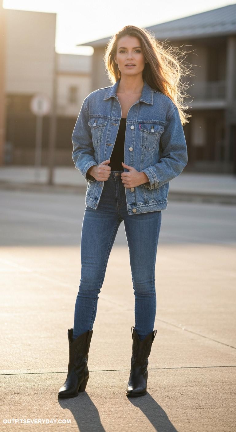 black cowboy boots outfit Style with skinny jeans and an oversized denim jacket for a chic vibe